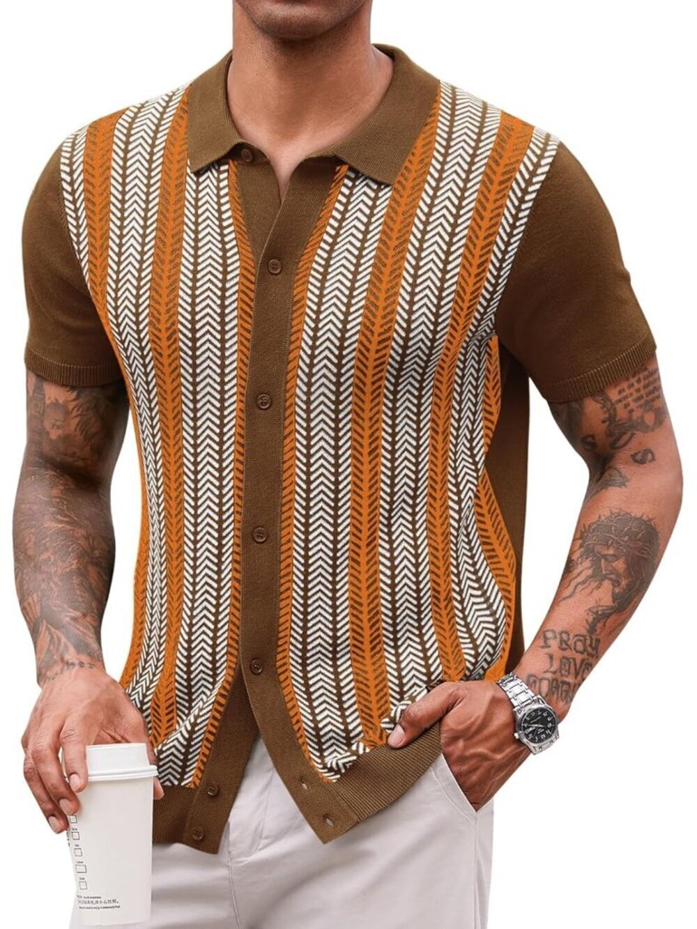 Men Red Brown Vintage Knit Polo Short Sleeve Casual Golf Old Money Shirt